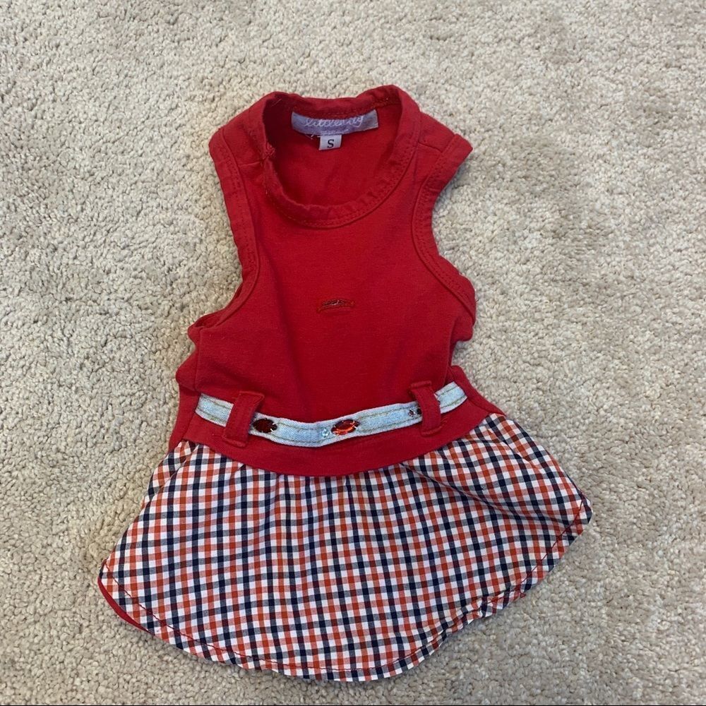 SMALL breed toy dog red dress plaid check Sz S